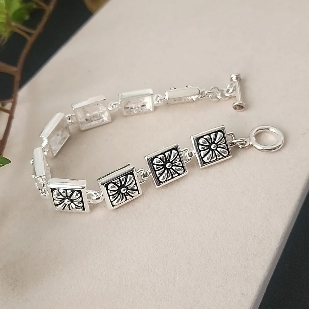Silver Boho Design Link Bracelet Toggle Clasp